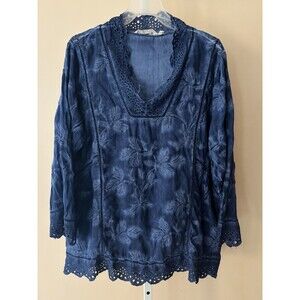 Soft Surroundings Tunic Blouse Women Plus 1x Blue Embroidered Eyelet Cotton Boho
